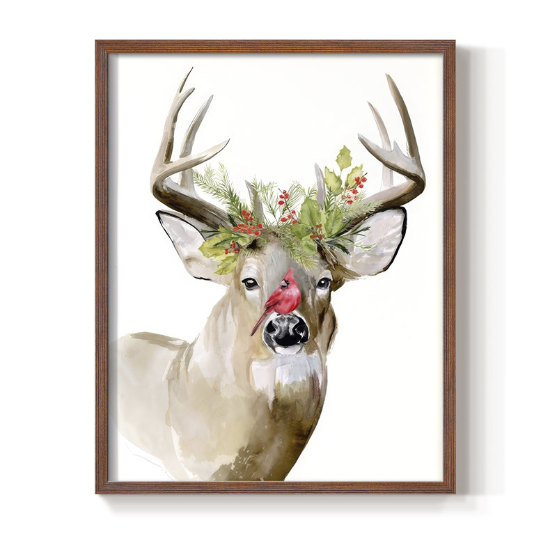 «Holiday Deer II», reproduction encadrée - bois massif, H 30 po x l 24 po, Cadre noyer