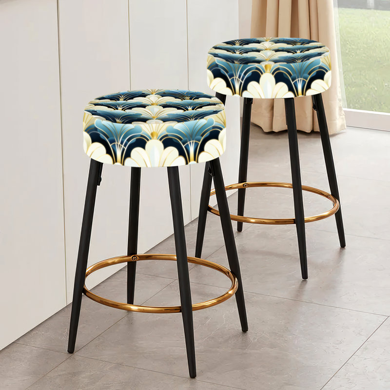 Ensemble de 2 tabourets de bar damassés bleu et beige des années 1970, art déco