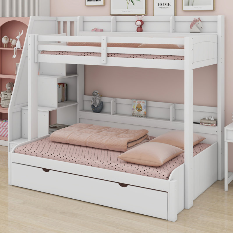 Space-Saving Bunk Bed With Storage Stairs USB Lighting And Trundle, White
