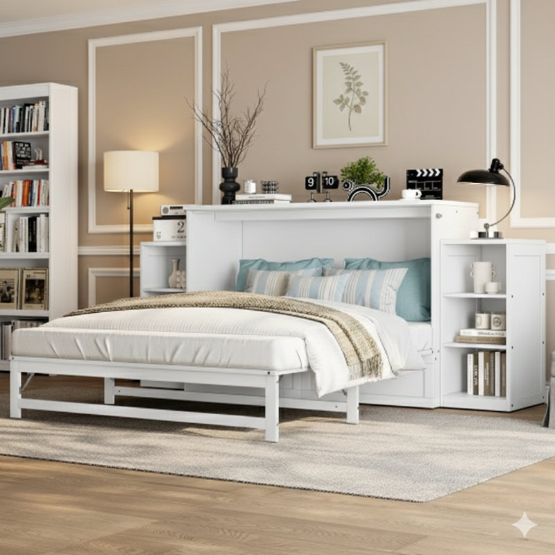 Grand lit mural (lit escamotable) avec tiroirs et tablettes de rangement spacieux. Idéal pour les chambres d'amis ou les chambres compactes. Finition blanche.