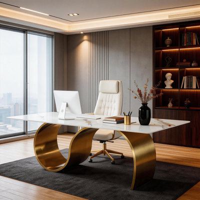 Luxury 78.74" Sintered Stone Computer Desk, Large Rectangle Conference Table for 6-8, Modern White & Gold Executive Desk with Marble Slate Tabletop & S-Shaped Stainless Steel Base (Only Table)