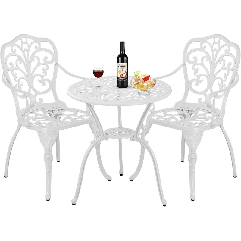Ensemble de bistro rond en fonte d'aluminium avec trou pour parasol Round 2, blanc, White
