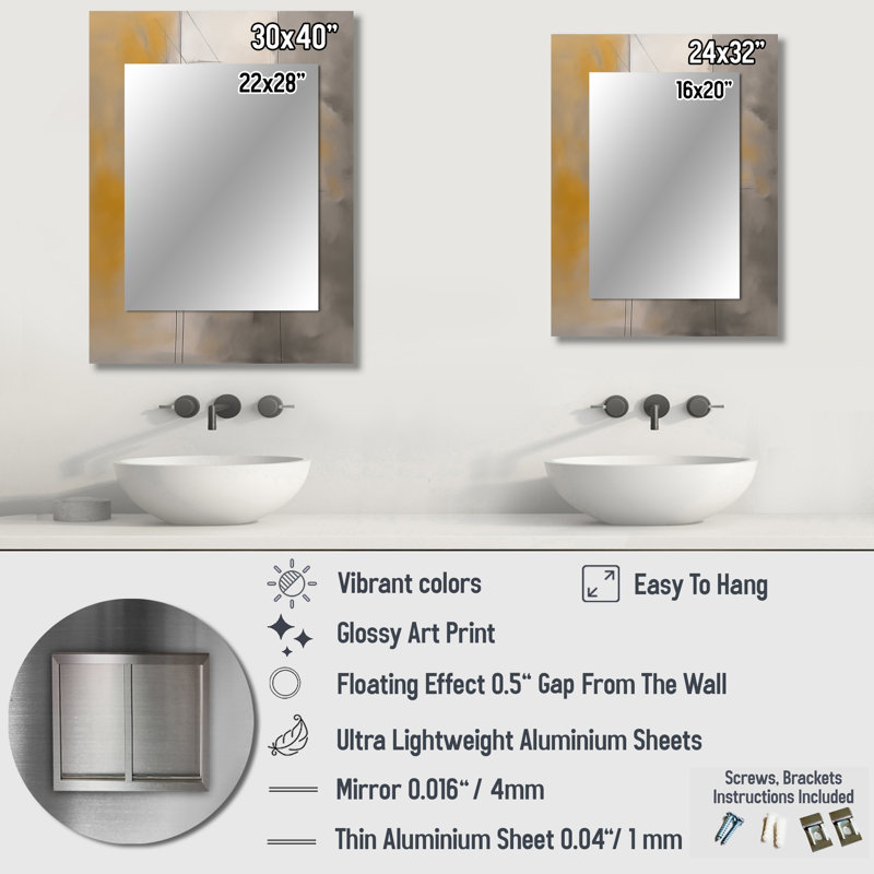 Grey Yellow Geometric Blend - Minimalism Mirror, Gray Decorative Wall Mirror, Printed Metal Art, 32" x 24"