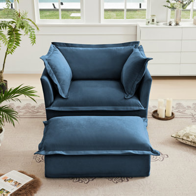 Upholstered Slipcovered Armchair With Ottoman,  Deep Seat Armchair W/ Wide Ottoman For Living Room, Armchair Sets With Large Soft Pillows(Set Of 2),Chenille Fabric,Blue