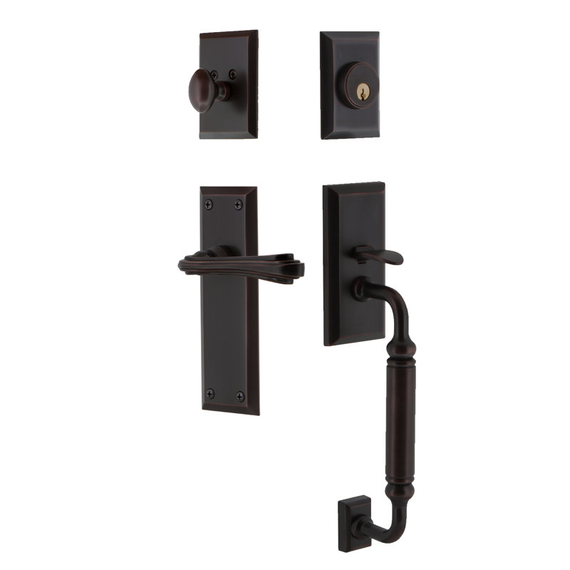 Nostalgic Warehouse New York Plate C Grip Handleset with Single Cylinder Deadbolt and Fleur Lever, Timeless Bronze, 2 3/8"