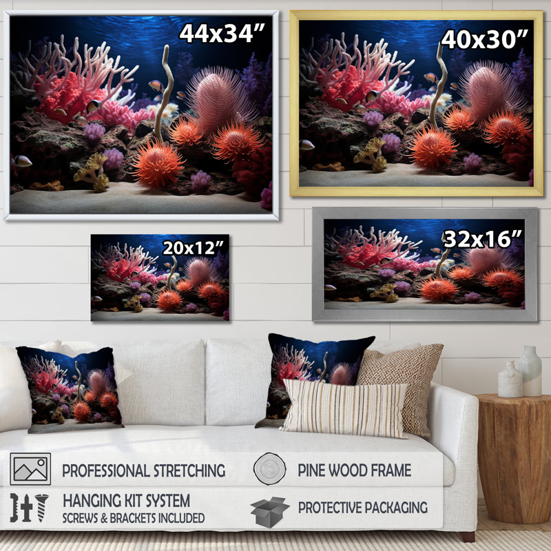 «Vibrant Coastal Coral Beauty», reproduction d'art sur toile, H 24 po x l 32 po x P 1 po, Cadre simple noir