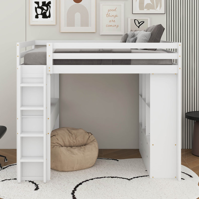 Lit mezzanine avec grandes tablettes, lumière DEL et bureau d'écriture, Gris, Lit double