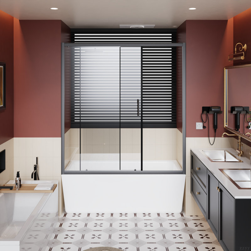 60.In W X 62.In H Single Sliding Shower Door For Bathtub, 1/5 Inch Thick Clear Tempered Glass Shower Door With Stainless Steel Handle, Black