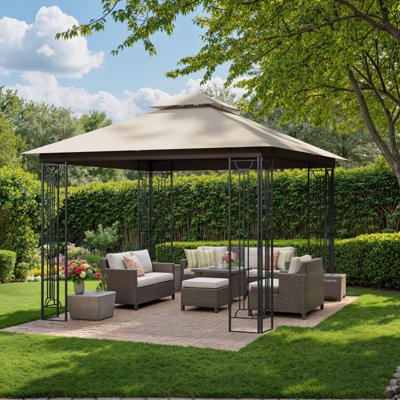 10 Ft. W x 10 Ft. D Steel Patio Gazebo with Double-Tier Roof, 4 Corner Shelves & Mosquito Netting