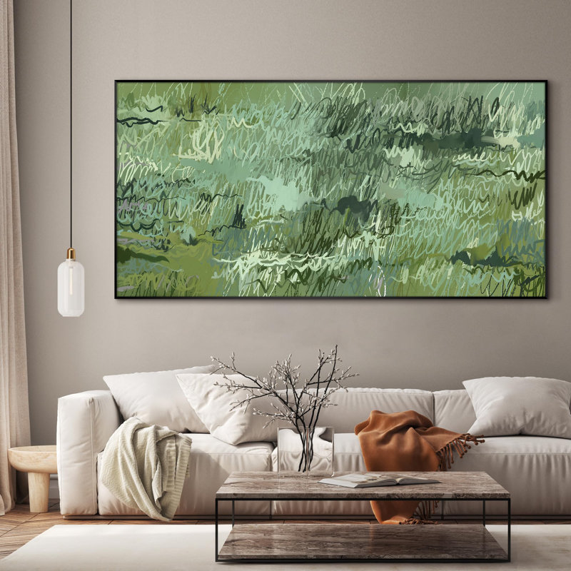 Très grande reproduction d'art sur toile - Motif de prairies vertes abstraites pour le salon ou la chambre à coucher - «Assemblage requis du cadre (cadre non fini)»