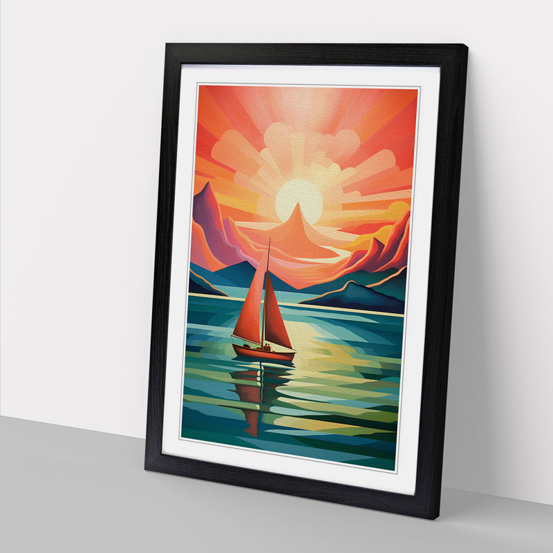 Boat on a Lake Art Deco Art - Framed Print, 64cm H x 46cm W x 2cm D, Black Framed