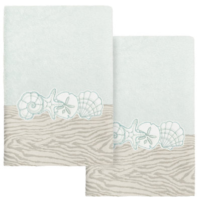 SHELL ROW 2PC Embellished Hand Towel Set 100% Turkish Cotton Hand Towel
