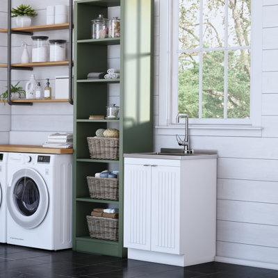 24" Laundry Cabinet With Faucet And Stainless Steel Sink - White