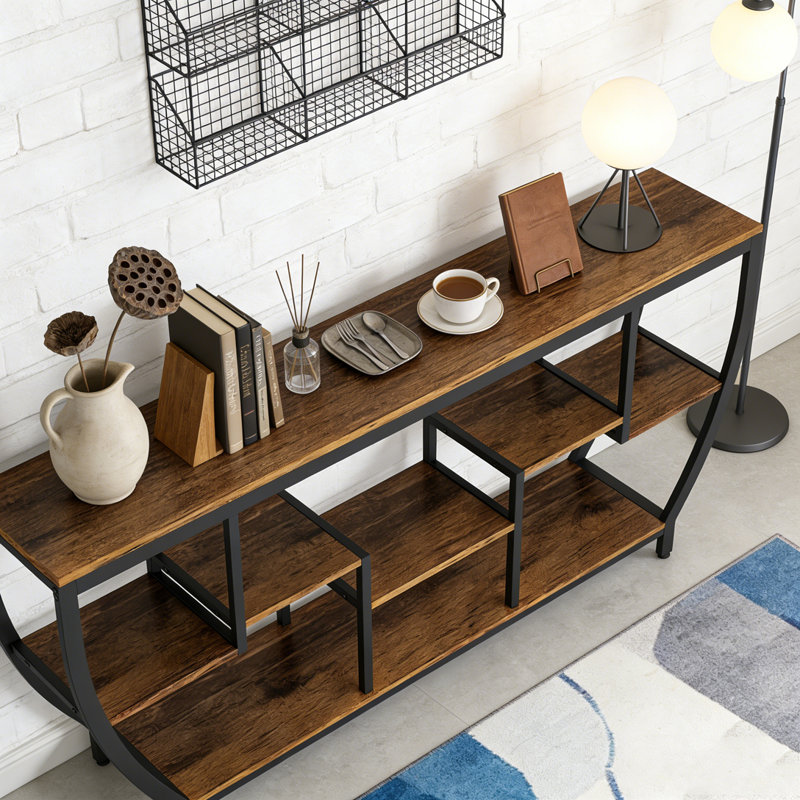 Table de console d'entrée industrielle avec tablettes, Noir et brun