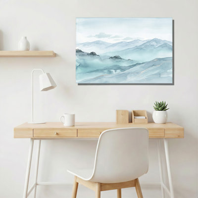 «Layered Blue Watercolor Mountains Lake», art mural sur toile avec lignes dorées