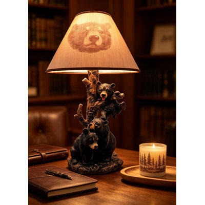 Rustic Black Bear Family Table Lamp, 20-Inch Tall Lodge-Inspired Resin Construction with Bear Face Print Shade for Cabin, Den, and Living Room Lighting