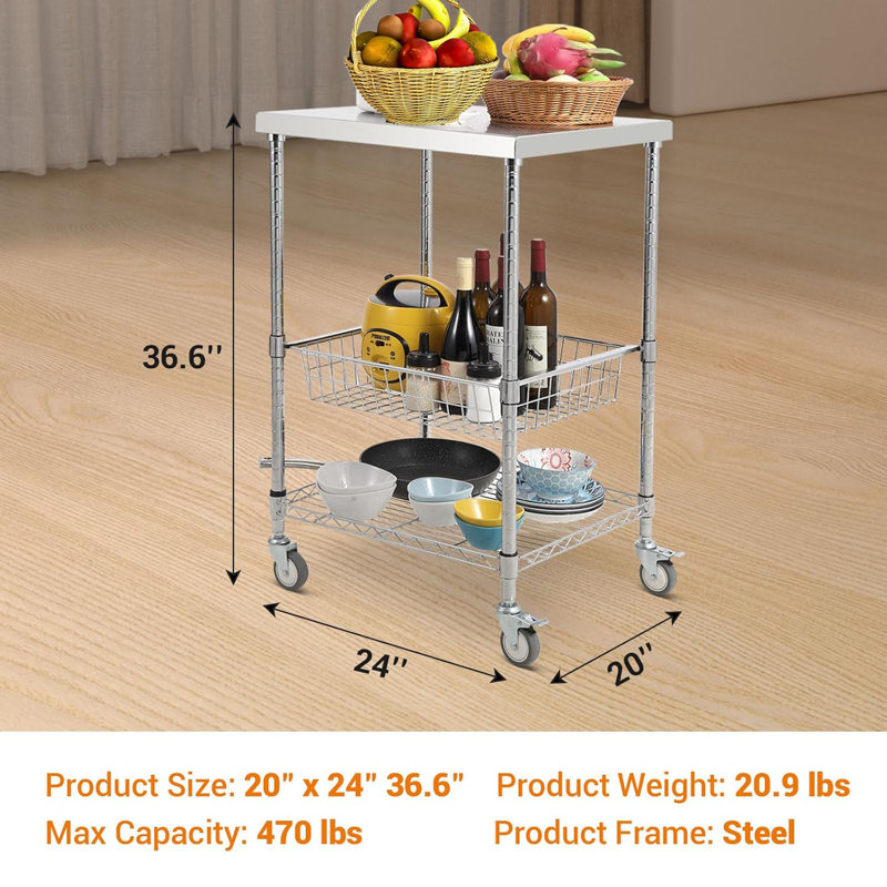 3 Tiers Wire Rolling Kitchen Utility Cart