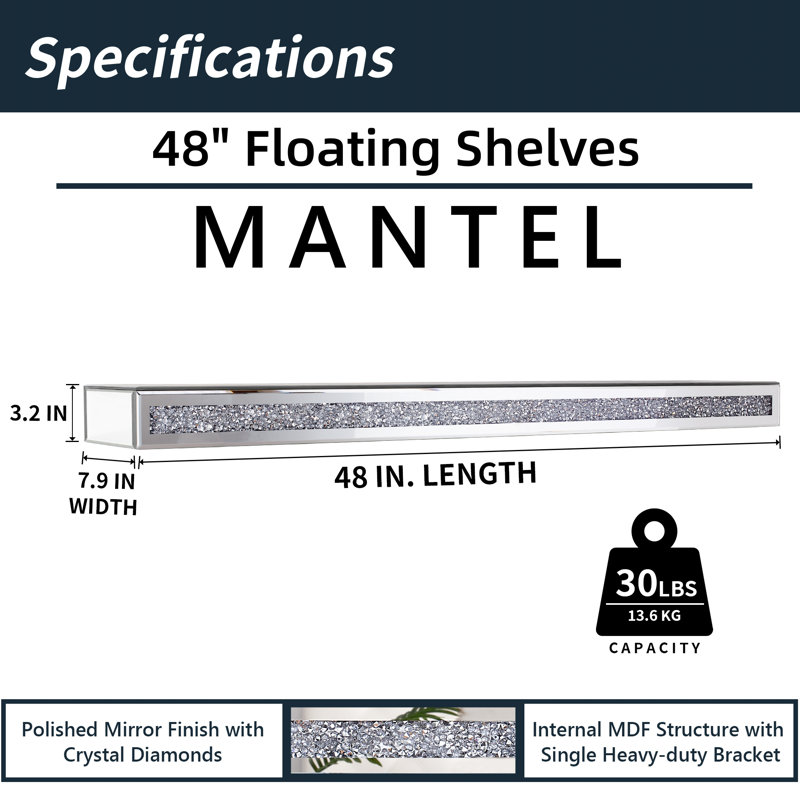 Tablettes murales flottantes en verre Cerrie, H 3,2 po x l 48 po x P 7,9 po