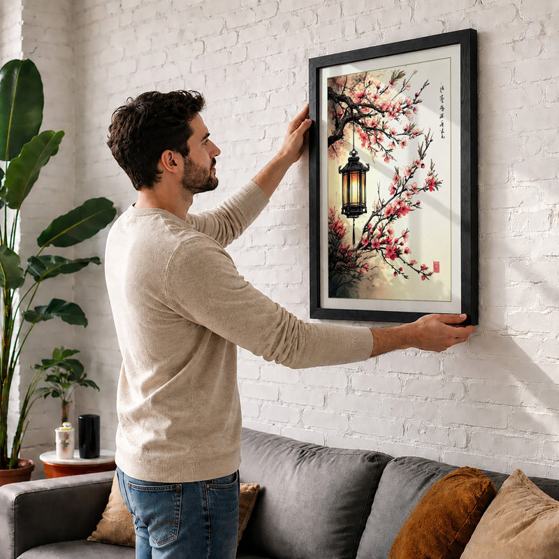 Moonlit Cherry Blossom Japandi - Single Picture Frame Print, Oak, A3 - 42.0 x 29.7 cm