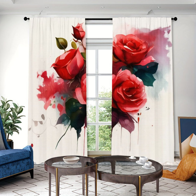 2Pcs Watercolor Red Rose Curtains, Artistic Floral Pattern, Rod Pocket Window Drapes, Romantic Flower Theme, Living Room Bedroom Study Window Decor