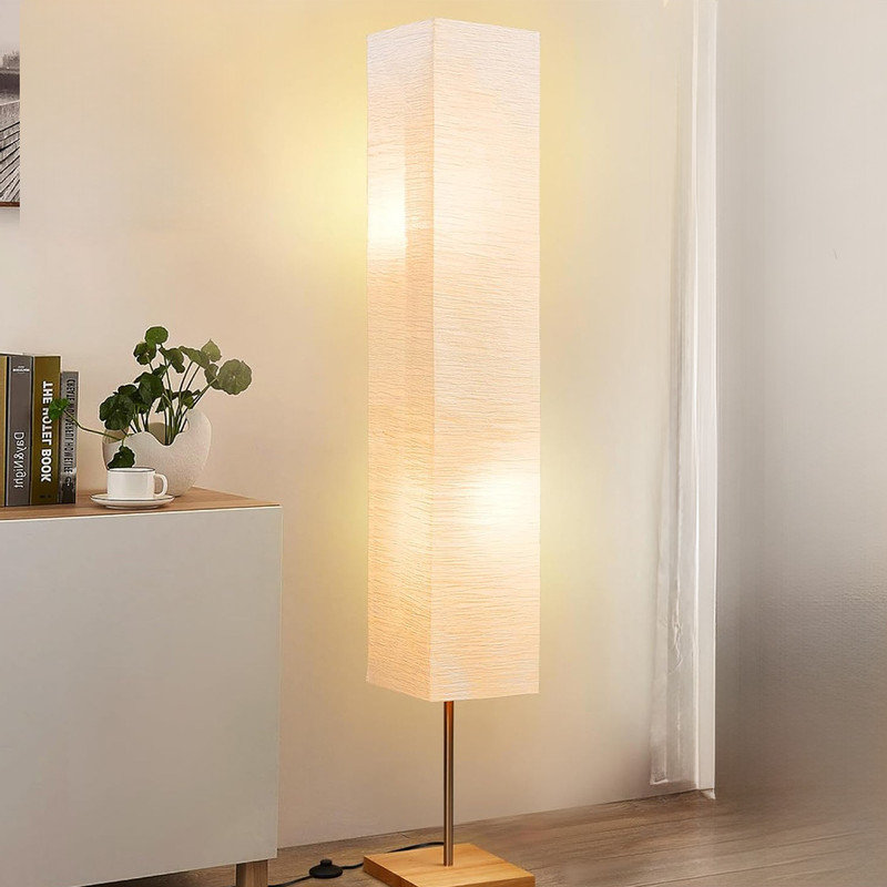 65" White Paper Shade Floor Lamp with Wooden Base