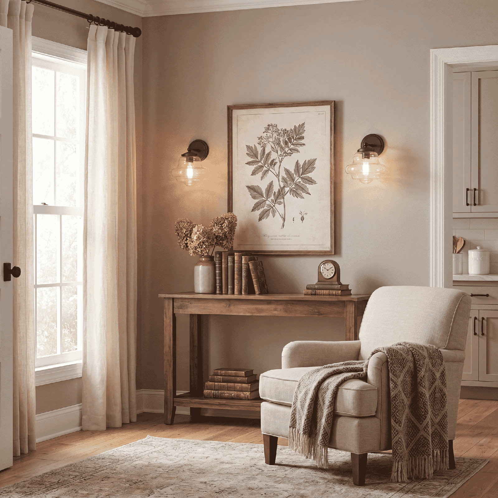 Marah Single Light Glass Dimmable Armed Sconce, Natural Brass