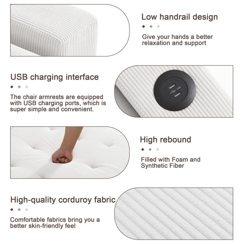 Canapé-lit convertible beige en velours côtelé capitonné 3-en-1 avec canapé-lit multifonctionnel avec 2 coussins moelleux, prise USB et porte-gobelet
