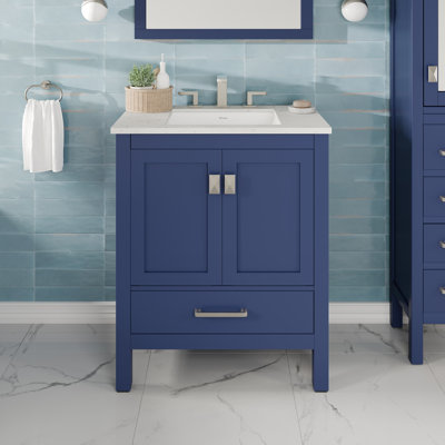 Minnich 24 In. Blue Single Sink Bath Vanity With Carrara Quartz Top And Undermount Porcelain Sink