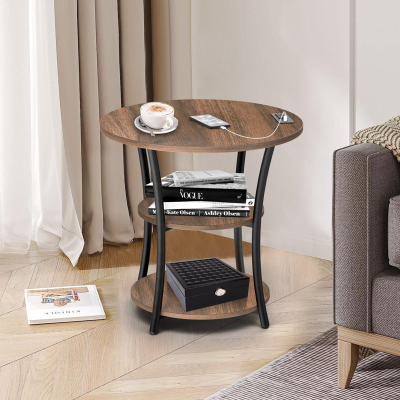 Table de bout haute Jalane avec 2 ports USB, 2 prises de courant et 3 tablettes de rangement à 3 niveaux, Noyer foncé/noir