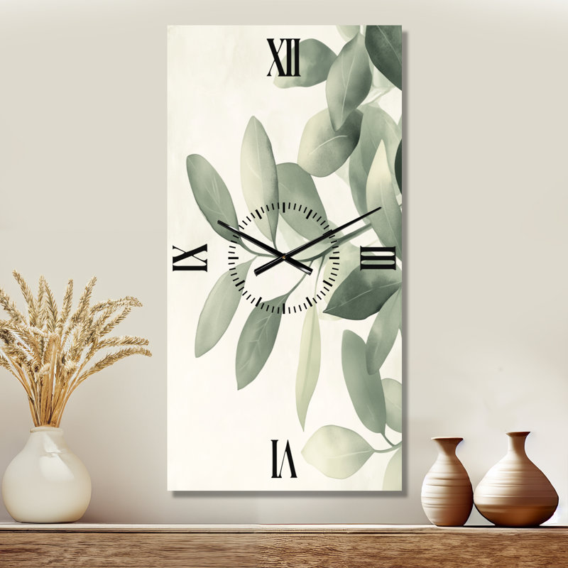 Feuilles de sauge douces I - Horloge murale silencieuse en métal de style scandinave, H 32 po x l 16 po - Rectangle