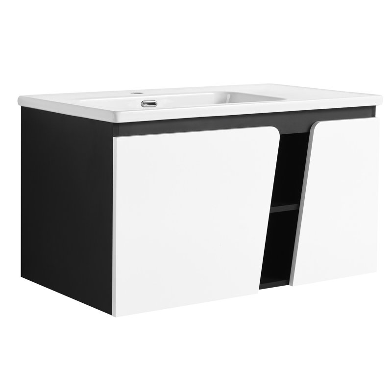 Bathroom Dressing Table With Ceramic Sink & Soft-Close Door. Modern Appliance. Practical Storage. Plywood Cabinet. White And Black 36'' Floating Vanity Basin. Door Benefit. Decor. Plywood. Choices