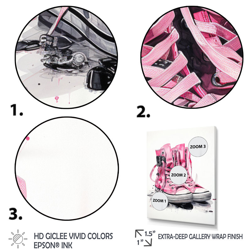 Chuk Fashion, rose, espadrilles roses, obsession III sur toile, H 32 po x l 24 po x P 1 po, Cadre flottant doré