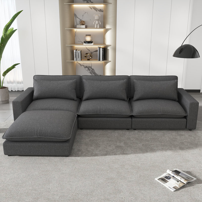 128" Sectional Sofa With Movable Ottoman, Charging Ports And Back Pillows, Grey Chenille