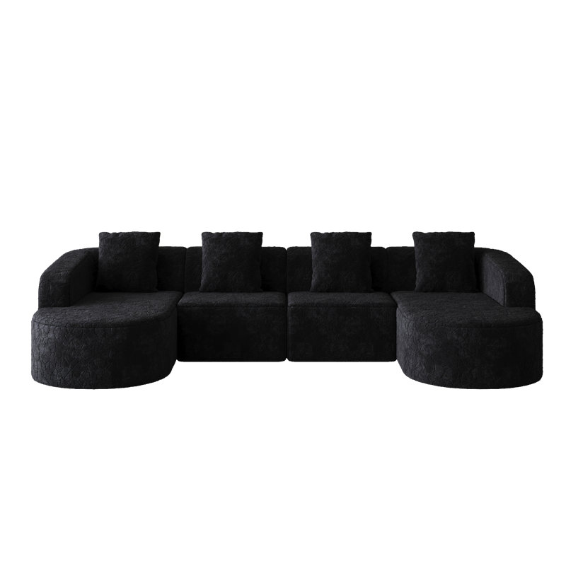 Canapé modulaire incurvé de 111,8 pouces de forme moderne avec tissu en polyester texturé à poils longs et dossier incurvé avec trois coussins