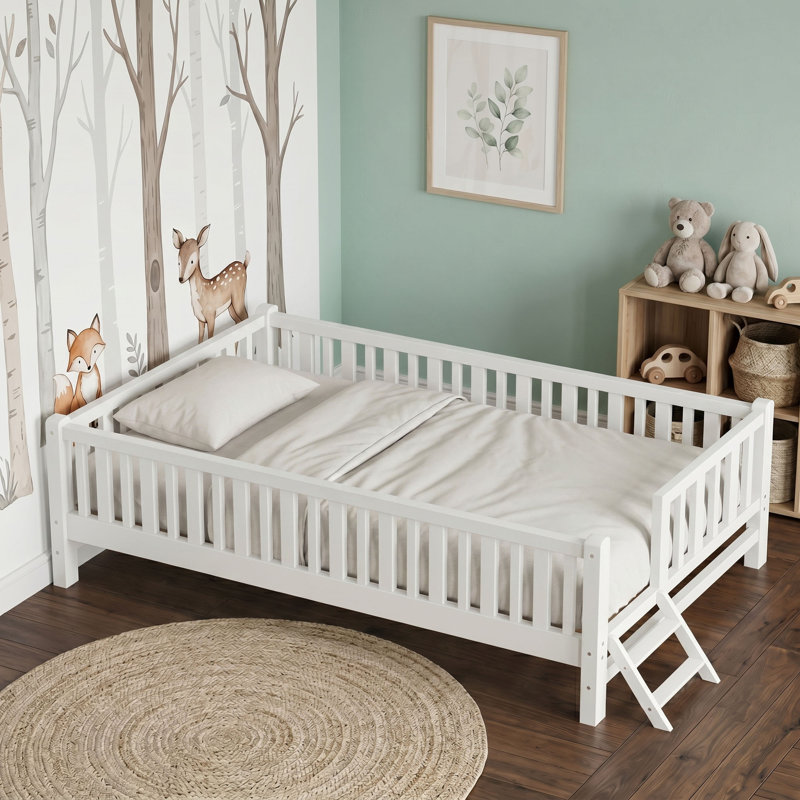 Lit plateforme simple avec garde-corps et lattes robustes, Blanc