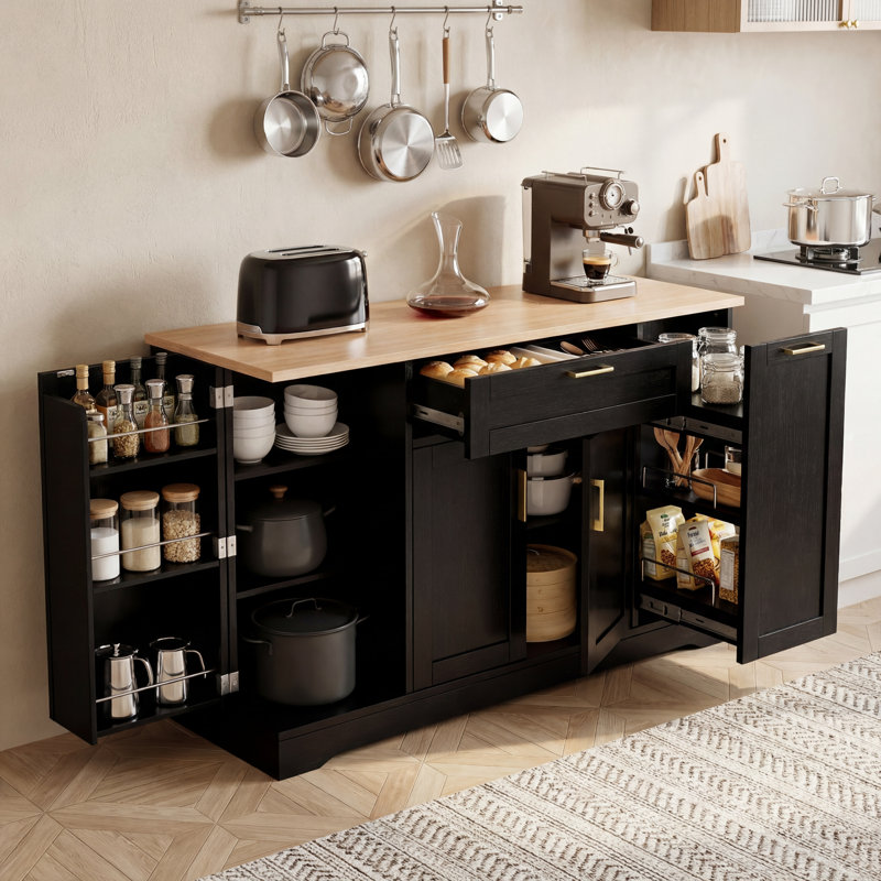 Buffet de 54 po pour îlot de cuisine moderne, armoire de rangement avec tablettes réglables et support coulissant à 3 niveaux, multifonctionnel