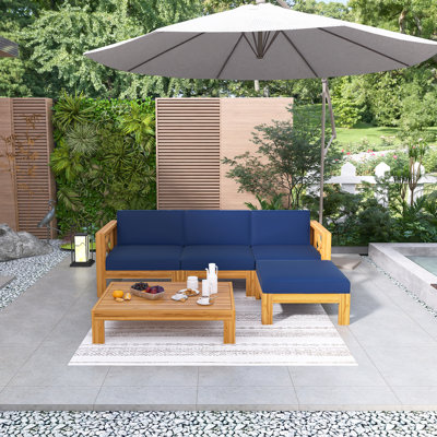 Outdoor Backyard Patio Wood 5-Piece Sectional Sofa Seating Group Set, With Two Corner Sofas,One Armless Sofa, One Ottoman, One Tea Table, 4 Cushions And 3 Back Pillows,Premium Hardwood Frame,Easy To Install