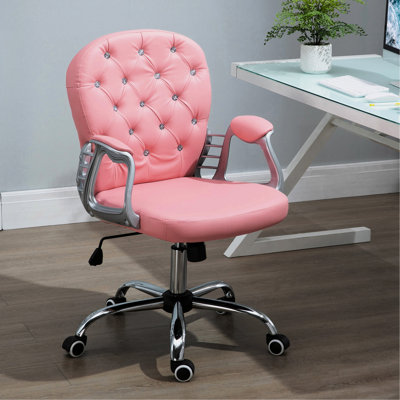 Chaise de bureau rose en cuir de polyuréthane, bouton, avec rembourrage, hauteur de siège réglable et rotation à 360 ° pour un look en cuir, rembourrée et roues pivotantes