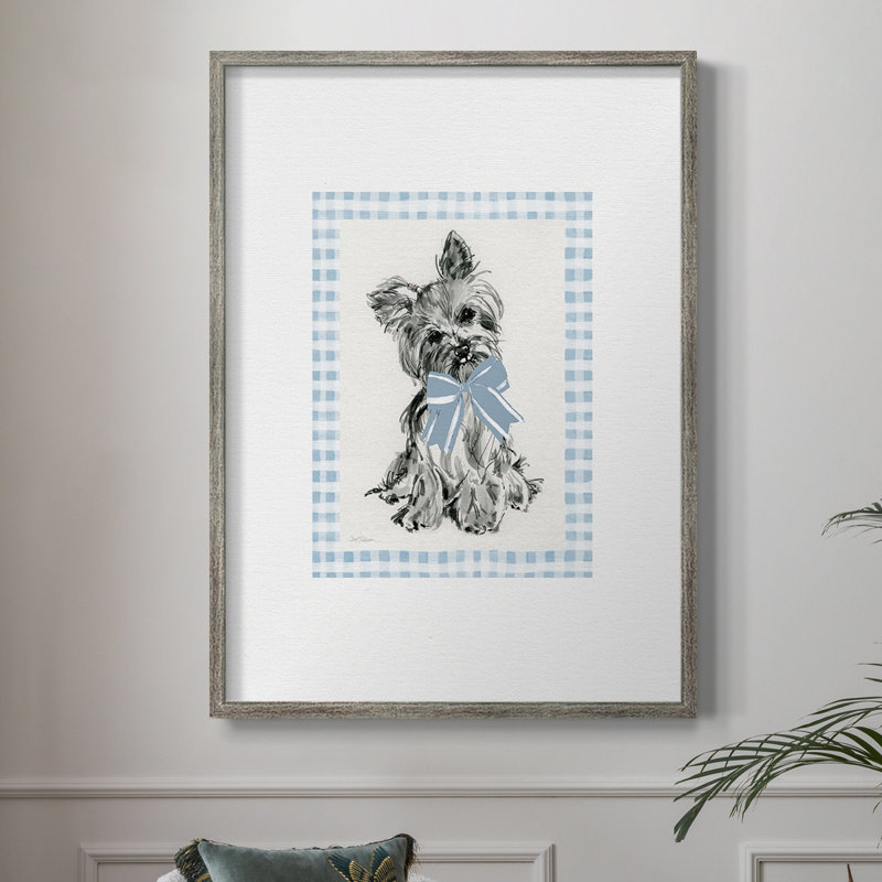 «Blue Bow Yorkie», reproduction encadrée - bois massif, H 11 po x l 9 po