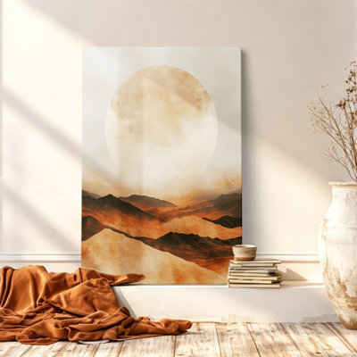Boho Sun & Desert Mountain Canvas Wall Art  Minimalist Terracotta Landscape Print 40*28inch- Living Room Decor