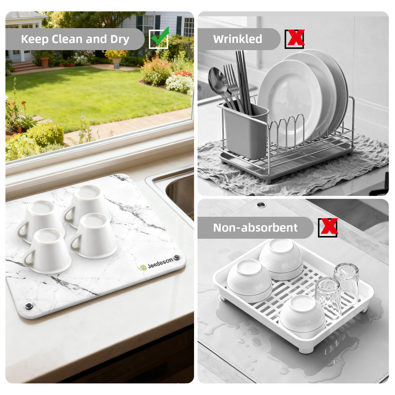 15.75 In. X 11.81 In. White Marble Look Stone Drying Mat For Kitchen, Water Absorbent Diatomaceous Stone Dish Drying Mat