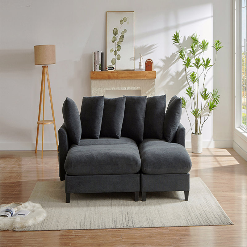 Canapé modulaire Basic, canapé en L de 83 po avec beaucoup d'espace de rangement, repose-pieds mobile et six coussins décoratifs