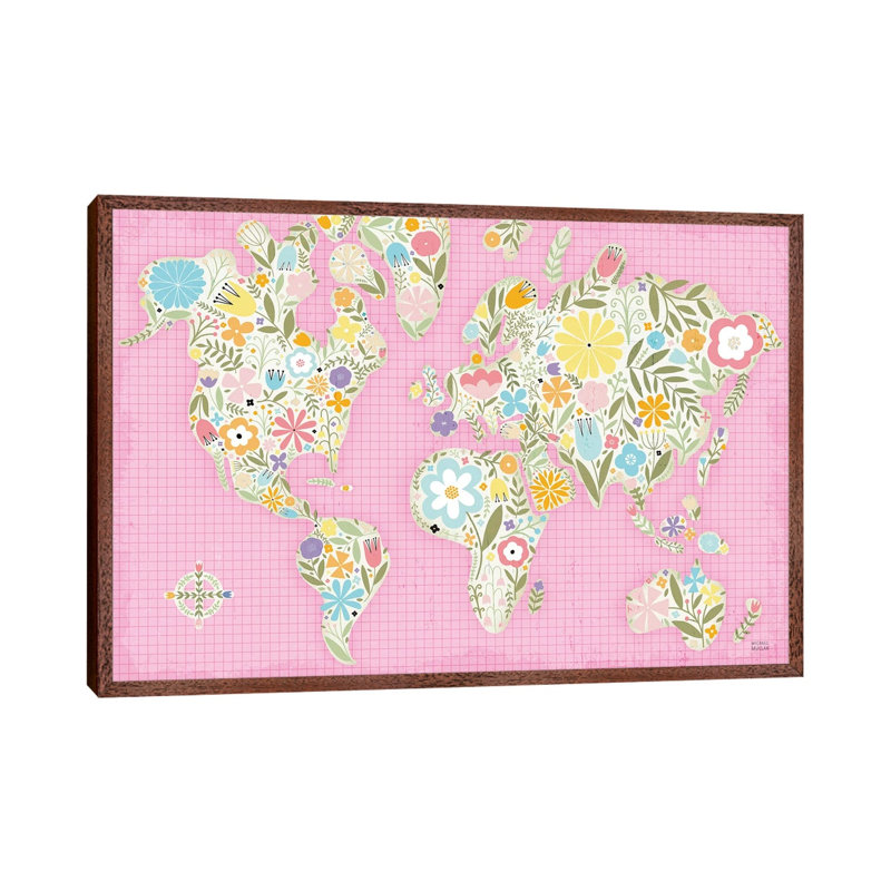 Floral World Pink 1 Piece Wall Art on Canvas, 45.72cm H x 66.04cm W x 3.81cm D, Classic Brown Wood Framed