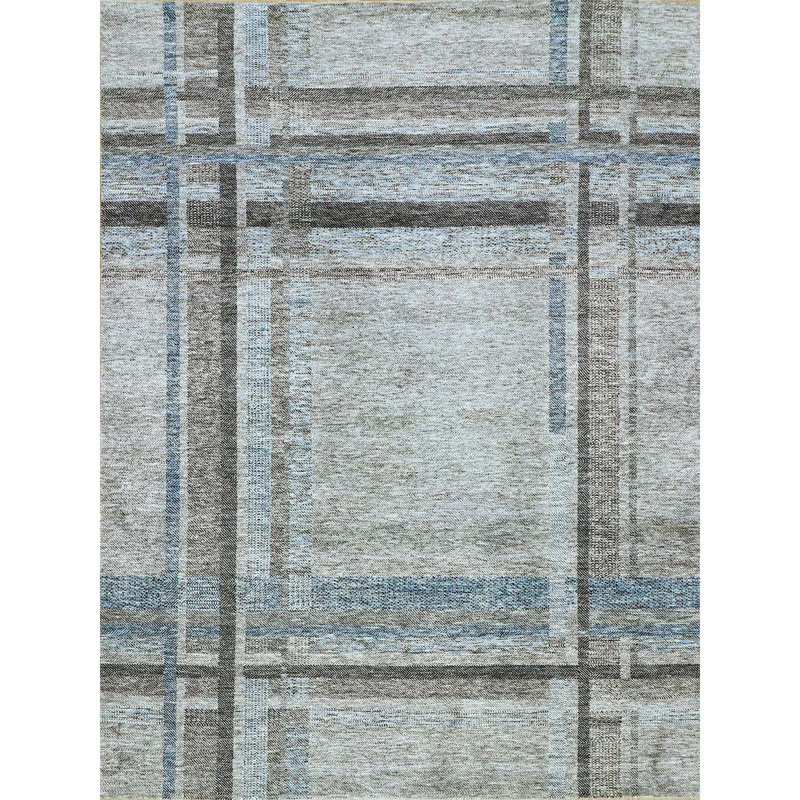 Tapis rectangulaire en laine noué à la main bleu / gris, Rectangle 8 pi x 10 pi