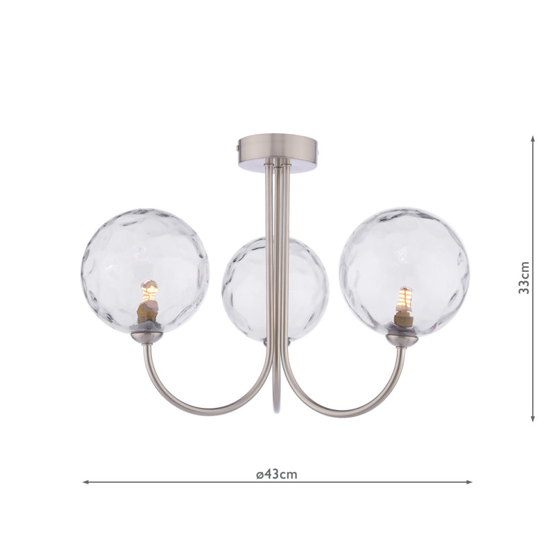 JARED 3LT SEMI FLUSH CW SMOKED GLS 150MM, Satin Nickel, 33" H x 44" W x 44" D
