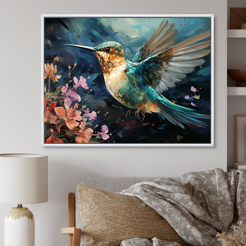 Colibri vert émeraude en fleurs II - Colibri, art mural, H 12 po x l 20 po x P 1 po, Cadre flottant blanc
