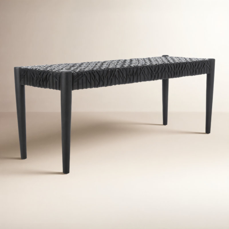 Kazbah Woven Leather Solid Wood Bench, Black