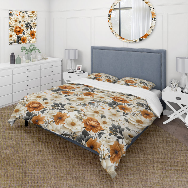 Literie, Housse de couette simple + 1 taie décorative stan, Beige / jaune rétro Bouquets de grâce