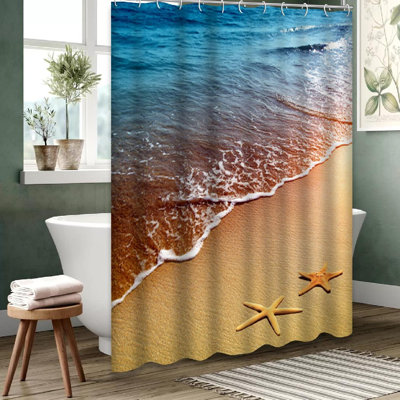Blue Waterproof Shower Curtain Starfish Shower Curtain with 12 Hooks