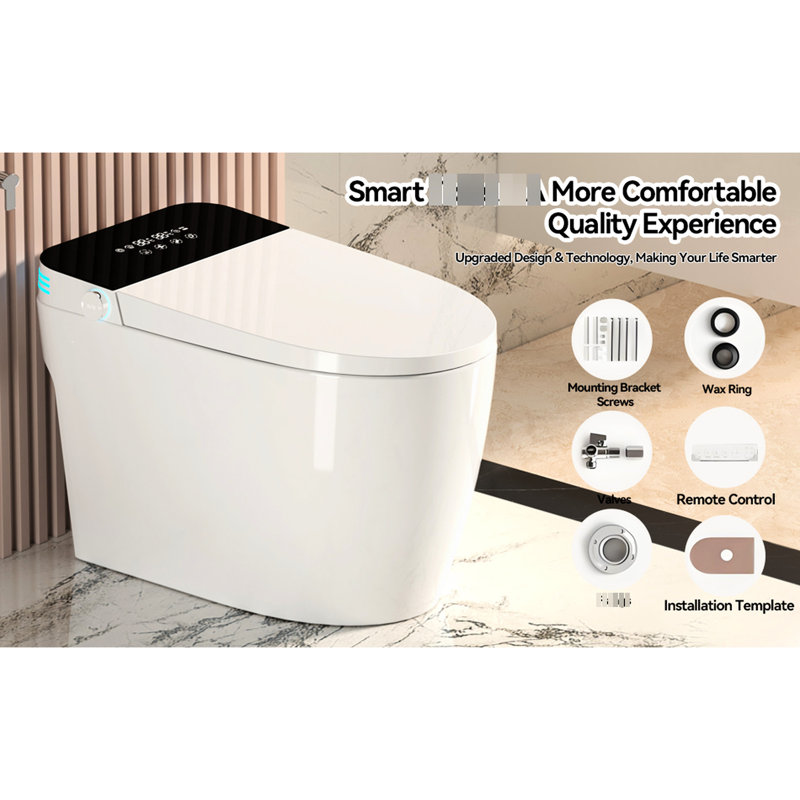 Toilette intelligente avec bidet intégré, eau chaude, sécheuse et technologie de jet siphonique nocturne, alimenté par batterie, plusieurs méthodes de rinçage, fonctions du bidet, siège chauffant, chasse automatique, chasse à distance,